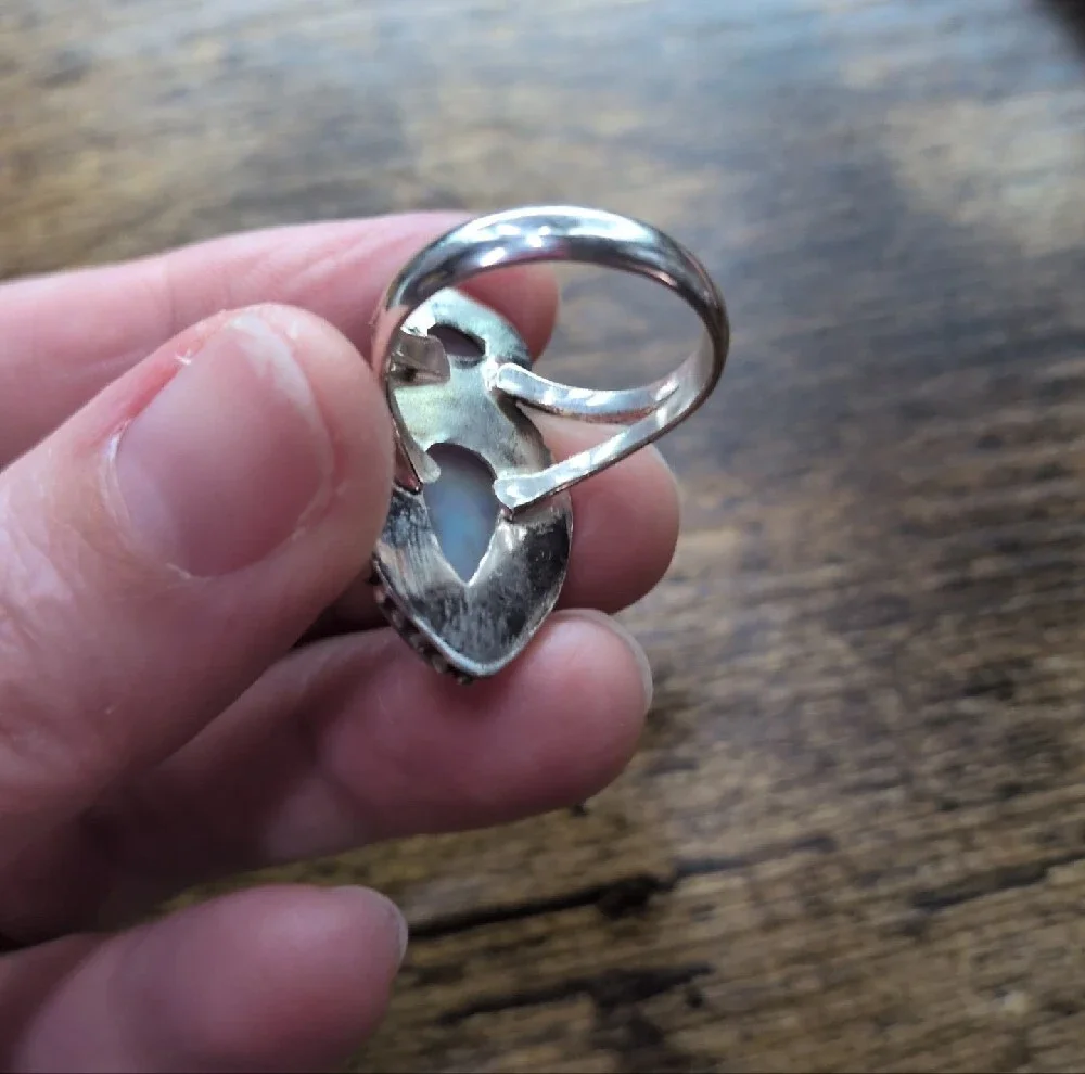 Sterling Teardrop Opal Double Stone Ring - Iridescent Blue-Pink